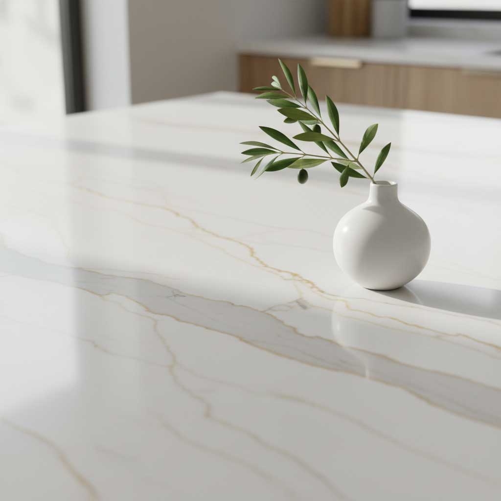Close-up detail of Calacatta Gold quartz kitchen countertop surface showing warm gold and grey veining on white background, styled with olive branch and white ceramic bowl under natural light