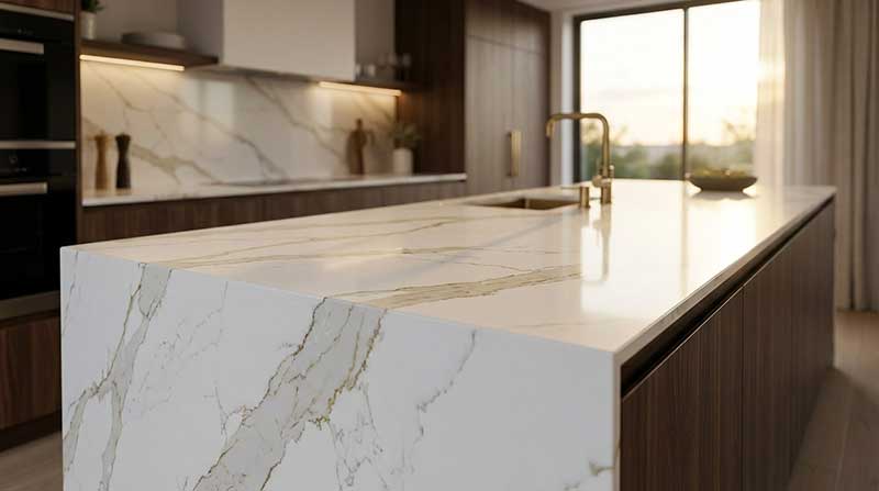 Luxurious modern kitchen island featuring a polished Calacatta engineered quartz stone countertop with gold and grey veining, showcasing the premium surface quality and elegant design of engineered quartz stone