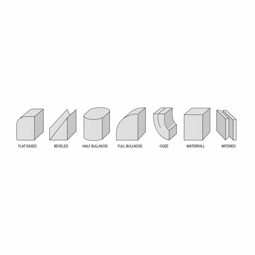 Technical cross-section diagram showing seven different quartz countertop edge profiles: eased, beveled, half bullnose, full bullnose, ogee, waterfall, and mitered, with labels and dimensions