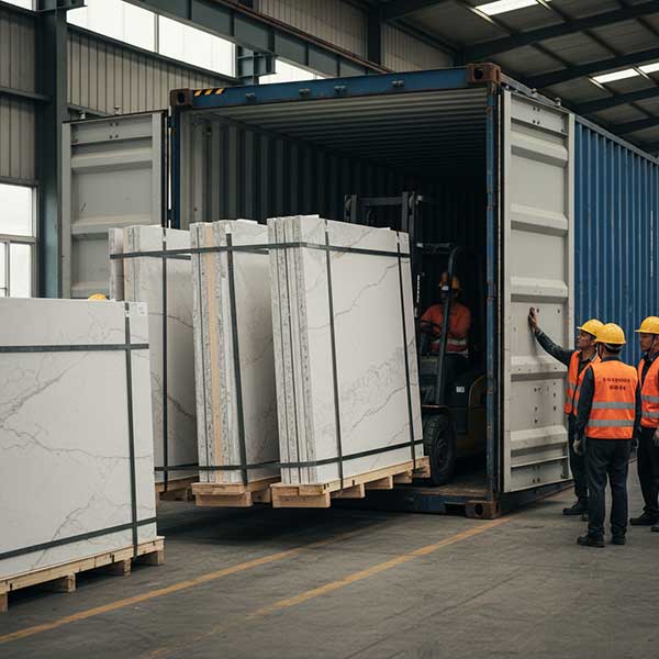 Packaged quartz stone slabs in wooden A-frame bundles being loaded into a shipping container at a factory warehouse, with foam protection and steel banding visible