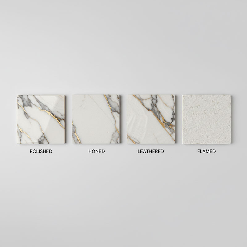 Side-by-side comparison of the same white Calacatta quartz color in four different surface finishes: polished, honed, leathered, and flamed, arranged left to right on a neutral background